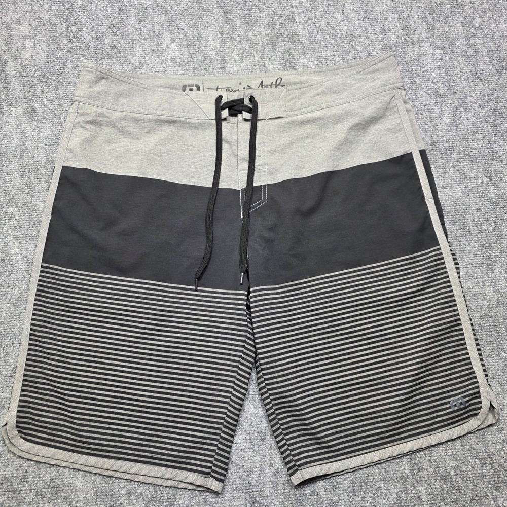 Travis Mathew Men's Size 38 Grey Black Striped Board Shorts Swim Trunks Pockets